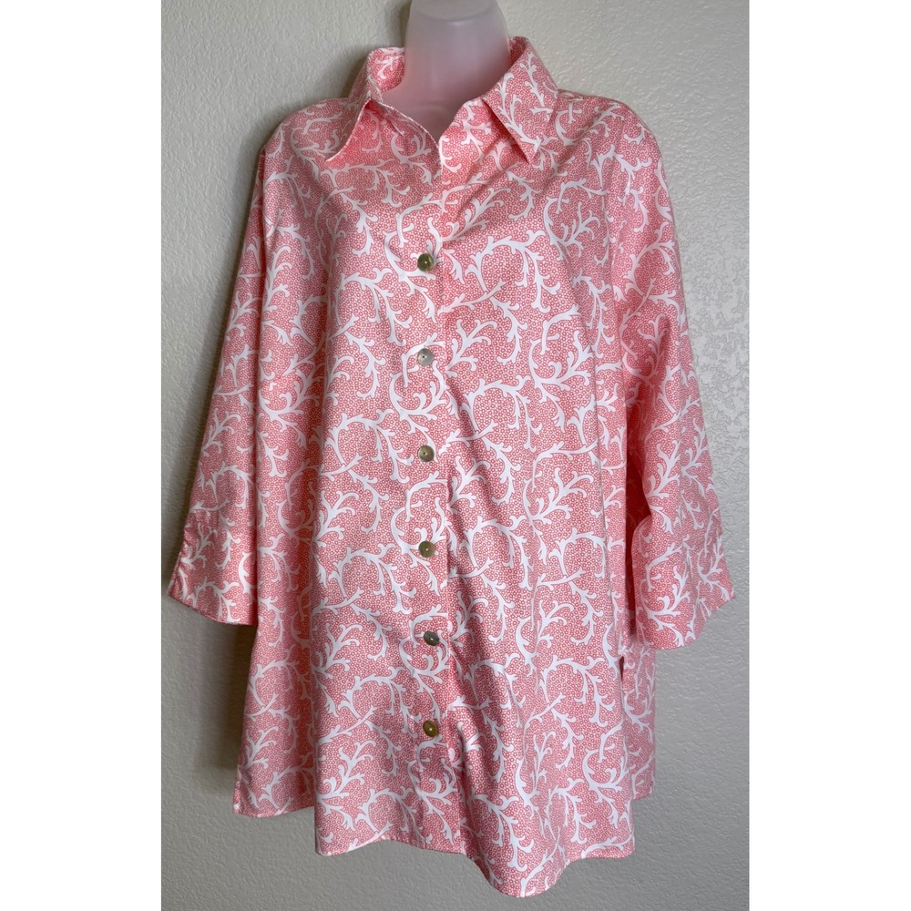 Investments II 20W Button Down Shirt Coral White Scroll Wrinkle‎ Free Cotton